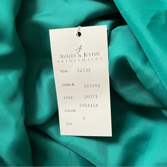 Ashley & Justin Bridesmaids Emerald Green Satin Formal Ball Gown Size 6 NWT Lace - Picture 7 of 15